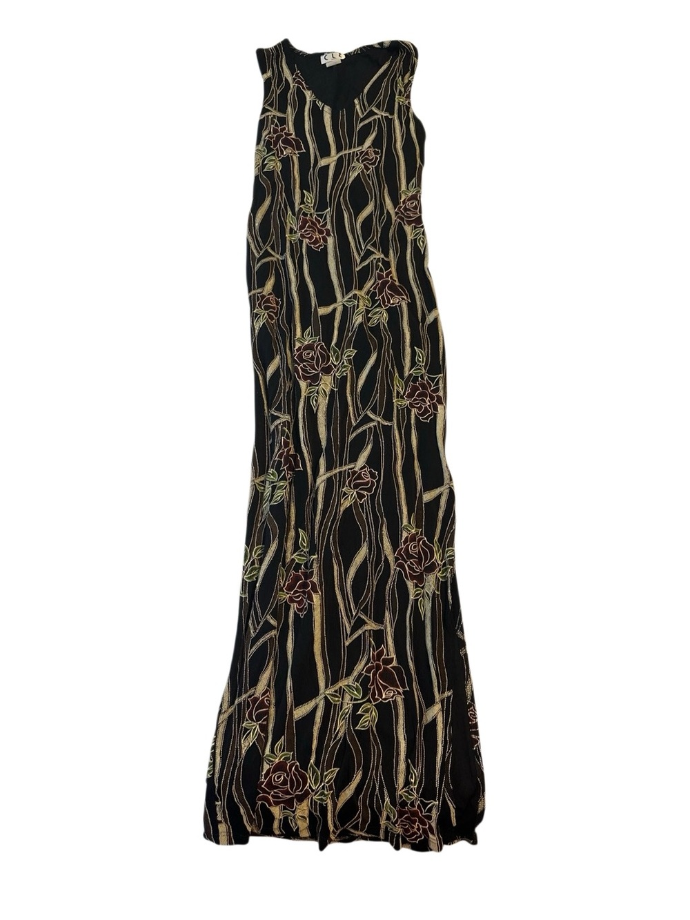 Sleeveless Black Floral Maxi Dress with Subtle Rose Embroidery